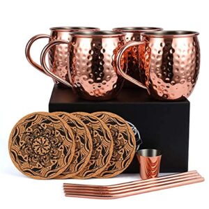 eligara moscow mule copper mugs set of 4 (16 oz), 100% handmade pure copper cup, make any drink taste better. gift set: 1 shot glass 4 straws and 4 coasters (classic - cork coaster)