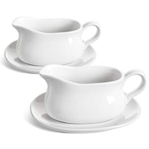 le tauci 17oz gravy boat with saucer stand, set of 2, ceramic sauce boat with tray for salad dressings, creamer, broth, black pepper, white