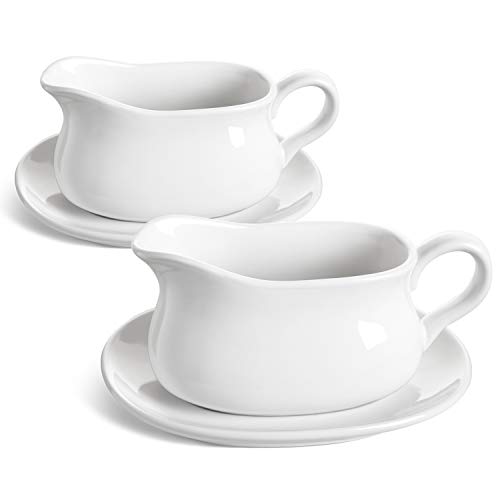 LE TAUCI 17oz Gravy Boat with Saucer Stand, Set of 2, Ceramic Sauce Boat with Tray for Salad Dressings, Creamer, Broth, Black Pepper, White