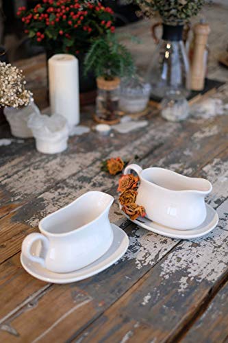 LE TAUCI 17oz Gravy Boat with Saucer Stand, Set of 2, Ceramic Sauce Boat with Tray for Salad Dressings, Creamer, Broth, Black Pepper, White