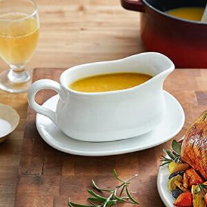 LE TAUCI 17oz Gravy Boat with Saucer Stand, Set of 2, Ceramic Sauce Boat with Tray for Salad Dressings, Creamer, Broth, Black Pepper, White