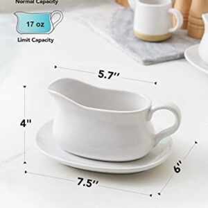 LE TAUCI 17oz Gravy Boat with Saucer Stand, Set of 2, Ceramic Sauce Boat with Tray for Salad Dressings, Creamer, Broth, Black Pepper, White