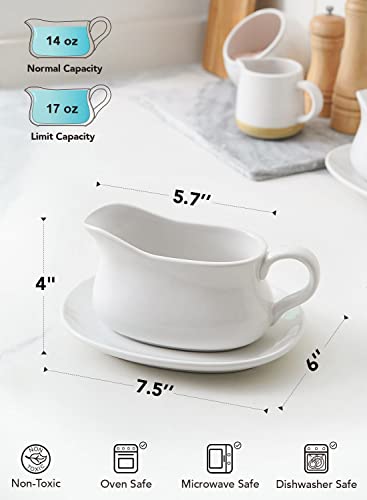 LE TAUCI 17oz Gravy Boat with Saucer Stand, Set of 2, Ceramic Sauce Boat with Tray for Salad Dressings, Creamer, Broth, Black Pepper, White