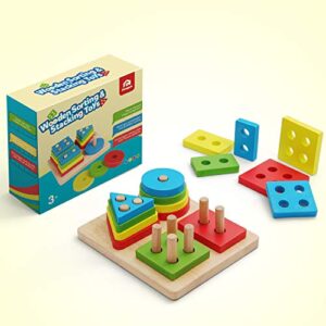 Coogam Wooden Sorting Stacking Montessori Toys, Shape Color Recognition Blocks Matching Puzzle, Fine Motor Skill Educational Preschool Learning Board Game Gift for Kids