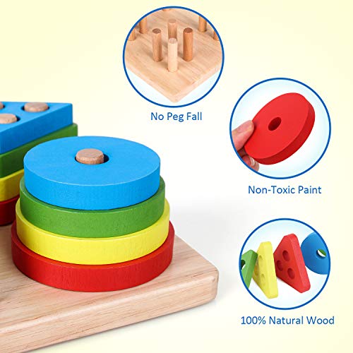 Coogam Wooden Sorting Stacking Montessori Toys, Shape Color Recognition Blocks Matching Puzzle, Fine Motor Skill Educational Preschool Learning Board Game Gift for Kids