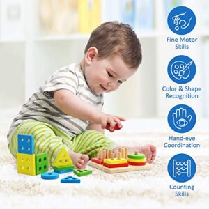 Coogam Wooden Sorting Stacking Montessori Toys, Shape Color Recognition Blocks Matching Puzzle, Fine Motor Skill Educational Preschool Learning Board Game Gift for Kids