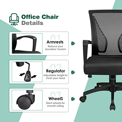 Tuoze Ergonomic Office Mid Back Mesh Chair Swivel Desk Chair Lumbar Support Computer Chair with Armrest (Black)