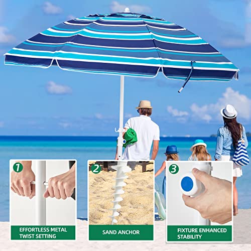 MEWAY 6.5ft Beach Umbrella with Sand Anchor & Tilt Mechanism, Portable UV 50+ Protection, Outdoor Sunshade Umbrella with Carry Bag, for Garden Beach Outdoor