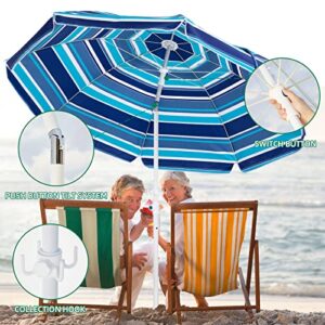 MEWAY 6.5ft Beach Umbrella with Sand Anchor & Tilt Mechanism, Portable UV 50+ Protection, Outdoor Sunshade Umbrella with Carry Bag, for Garden Beach Outdoor