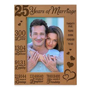 kate posh 25 years of marriage engraved natural wood frame, 25th, husband & wife, 25 years down forever to go, silver wedding anniversary (5x7-vertical)