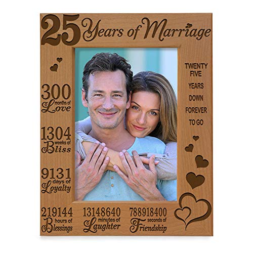 KATE POSH 25 Years of Marriage Engraved Natural Wood Frame, 25th, Husband & Wife, 25 Years Down Forever to Go, Silver Wedding Anniversary (5x7-Vertical)