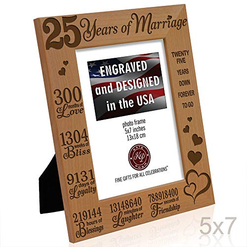 KATE POSH 25 Years of Marriage Engraved Natural Wood Frame, 25th, Husband & Wife, 25 Years Down Forever to Go, Silver Wedding Anniversary (5x7-Vertical)