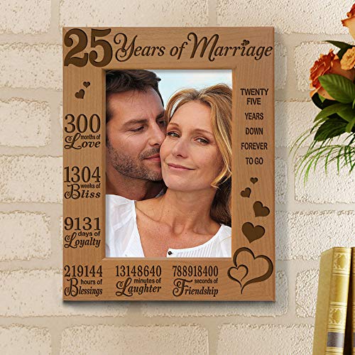 KATE POSH 25 Years of Marriage Engraved Natural Wood Frame, 25th, Husband & Wife, 25 Years Down Forever to Go, Silver Wedding Anniversary (5x7-Vertical)