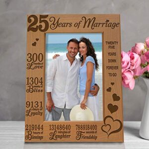 KATE POSH 25 Years of Marriage Engraved Natural Wood Frame, 25th, Husband & Wife, 25 Years Down Forever to Go, Silver Wedding Anniversary (5x7-Vertical)