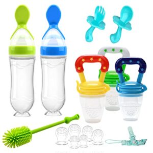 Food Feeder Baby Fruit Feeder Pacifier (3 Pcs) with 6 Different Sized Silicone Pacifiers 2 PCS Silicone Baby Food Dispensing Spoon 90ML with 2 Baby Spoons Silicone Bottle Brush Pacifier Clip