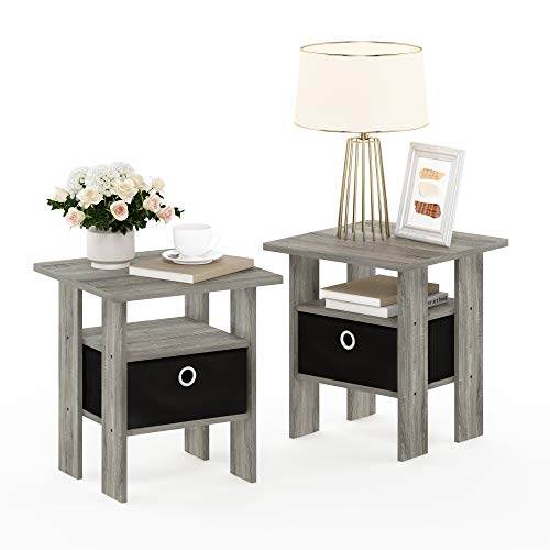 Furinno Andrey Set of 2 End Table/Side Table/Night Stand/Bedside Table with Bin Drawer, French Oak Grey & Simple Design Coffee Table, French Oak Grey/Black