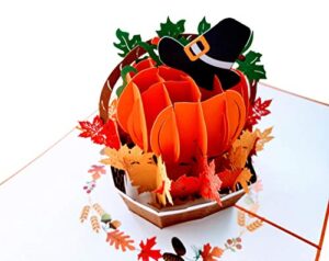 igifts and cards happy thanksgiving pumpkin pop up greeting card - awesome thank you gift, family celebration, feast in a basket centerpiece, blessings, beautiful, cool pilgrim hat decoration, 6" x 8"