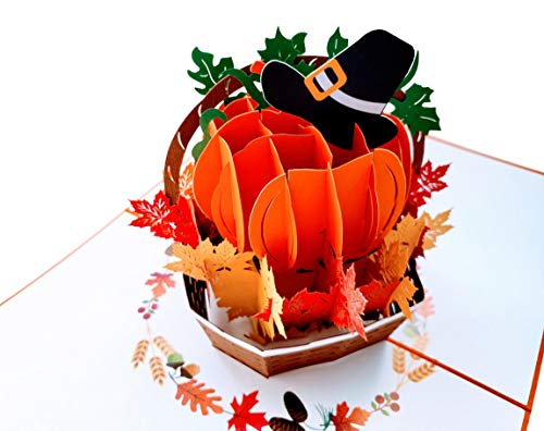 iGifts And Cards Happy Thanksgiving Pumpkin Pop Up Greeting Card - Awesome Thank You Gift, Family Celebration, Feast In A Basket Centerpiece, Blessings, Beautiful, Cool Pilgrim Hat Decoration, 6" X 8"