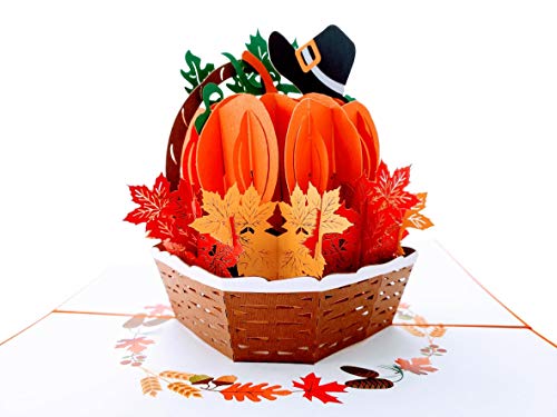 iGifts And Cards Happy Thanksgiving Pumpkin Pop Up Greeting Card - Awesome Thank You Gift, Family Celebration, Feast In A Basket Centerpiece, Blessings, Beautiful, Cool Pilgrim Hat Decoration, 6" X 8"