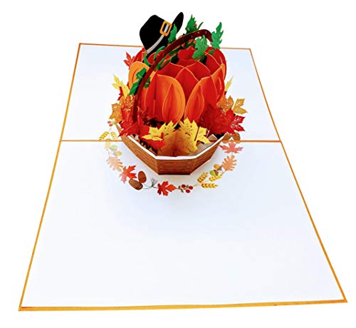 iGifts And Cards Happy Thanksgiving Pumpkin Pop Up Greeting Card - Awesome Thank You Gift, Family Celebration, Feast In A Basket Centerpiece, Blessings, Beautiful, Cool Pilgrim Hat Decoration, 6" X 8"