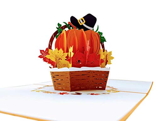 iGifts And Cards Happy Thanksgiving Pumpkin Pop Up Greeting Card - Awesome Thank You Gift, Family Celebration, Feast In A Basket Centerpiece, Blessings, Beautiful, Cool Pilgrim Hat Decoration, 6" X 8"