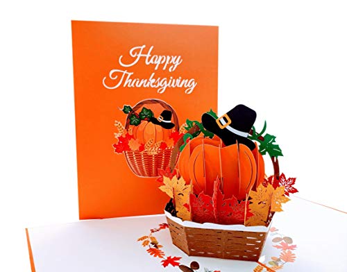 iGifts And Cards Happy Thanksgiving Pumpkin Pop Up Greeting Card - Awesome Thank You Gift, Family Celebration, Feast In A Basket Centerpiece, Blessings, Beautiful, Cool Pilgrim Hat Decoration, 6" X 8"