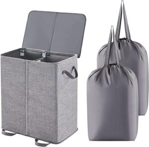 lifewit double laundry hamper with lid and removable laundry bags, large collapsible 2 dividers dirty clothes basket with handles for bedroom, laundry room, closet, bathroom, college, grey
