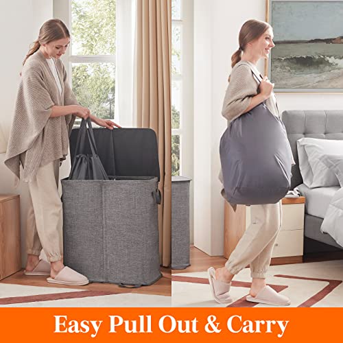 Lifewit Double Laundry Hamper with Lid and Removable Laundry Bags, Large Collapsible 2 Dividers Dirty Clothes Basket with Handles for Bedroom, Laundry Room, Closet, Bathroom, College, Grey
