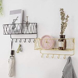 YCOCO Wall Mounted Entryway Storage Organizer,Metal Wire Storage Basket with 6 Hooks,Key and Mail Holder for Wall,Gold