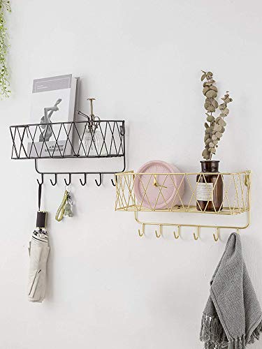 YCOCO Wall Mounted Entryway Storage Organizer,Metal Wire Storage Basket with 6 Hooks,Key and Mail Holder for Wall,Gold