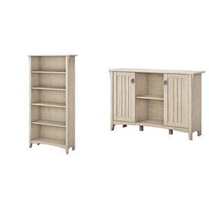 bush furniture salinas 5 shelf bookcase in antique white & salinas accent storage cabinet with doors in antique white
