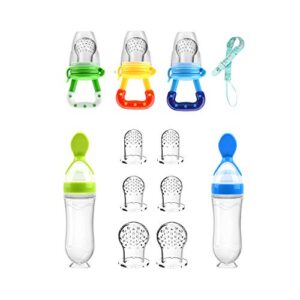 food feeder baby fruit feeder pacifier (3 pcs) with 6 different sized silicone pacifiers 2 pcs silicone baby food dispensing spoon 90ml with 2 baby spoons pacifier clip infant fruit teething toy -blue