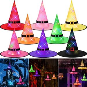 8 pieces halloween hanging lighted witch hat decorations halloween decorations glowing witch hat lights battery operated hanging lighted glowing witch hat for outdoor, yard, tree (8 colors)