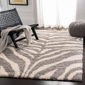 safavieh portofino shag collection 6'7" square ivory/grey pts215a zebra abstract non-shedding living room bedroom dining room entryway plush 2-inch thick area rug