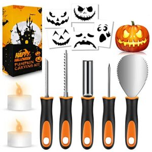 halloween pumpkin carving kit, premium stainless steel halloween diy decoration stencils, 2 led candles, 13pcs professional pumpkin cutting supplies tools with heavy duty knife for kids & adults