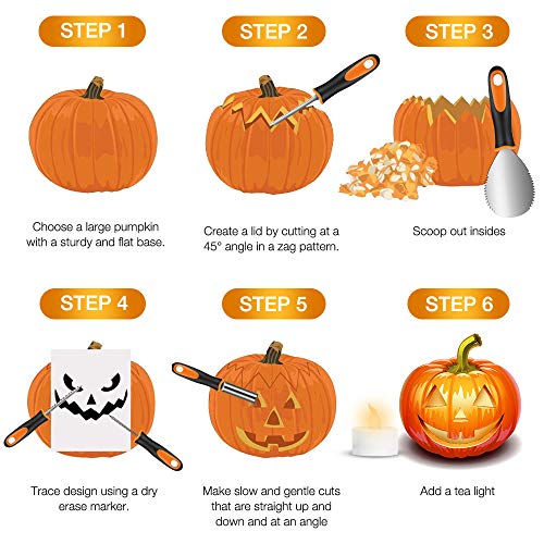 Halloween Pumpkin Carving Kit, Premium Stainless Steel Halloween DIY Decoration Stencils, 2 LED Candles, 13PCS Professional Pumpkin Cutting Supplies Tools with Heavy Duty Knife for Kids & Adults