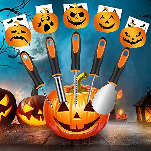 Halloween Pumpkin Carving Kit, Premium Stainless Steel Halloween DIY Decoration Stencils, 2 LED Candles, 13PCS Professional Pumpkin Cutting Supplies Tools with Heavy Duty Knife for Kids & Adults