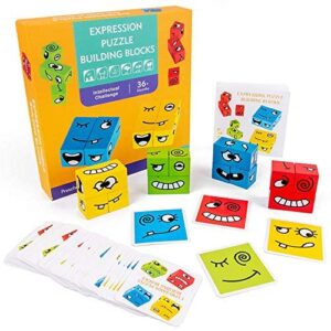 TACY Expressions Matching Wood Blocks Toy Making Emotion Game Challenge Cards for Children's Logical Thinking Intellectual Training Toys Parent-Child Board Game