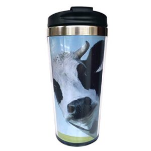 nvjui jufopl funny cow on the ranch travel tumbler coffee mug for men's & women's 15 oz, with flip lid, stainless steel, vacuum insulated, water bottle cup