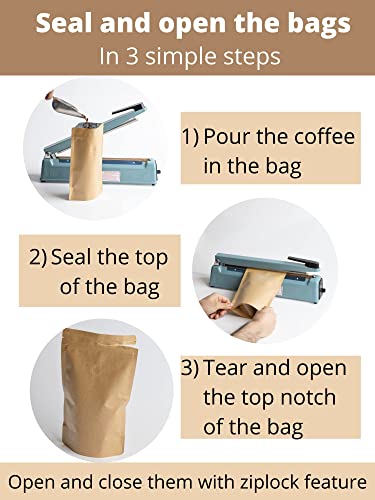 Kraft Coffee Bags with Valve Pack of 40 - Up to 326 grams (11.5 oz) - Size 6x10 Inches – Resealable Beans Storage with Vented Degassing Valve – Coffee Bean Sacks – 8 oz Coffee Packaging Bags