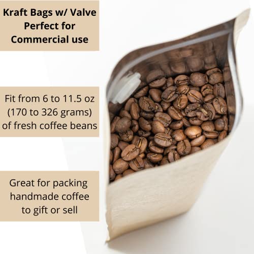 Kraft Coffee Bags with Valve Pack of 40 - Up to 326 grams (11.5 oz) - Size 6x10 Inches – Resealable Beans Storage with Vented Degassing Valve – Coffee Bean Sacks – 8 oz Coffee Packaging Bags