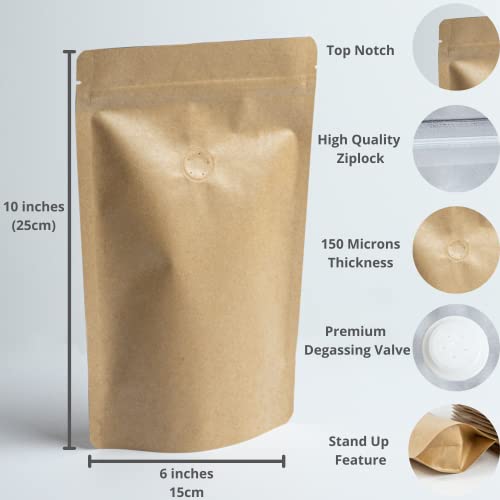 Kraft Coffee Bags with Valve Pack of 40 - Up to 326 grams (11.5 oz) - Size 6x10 Inches – Resealable Beans Storage with Vented Degassing Valve – Coffee Bean Sacks – 8 oz Coffee Packaging Bags