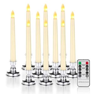 amagic 9pcs christmas window candles with timer, flameless taper candles with silver bases, battery operated window candles, flickering flame warm white, remote control, ivory, christmas decorations
