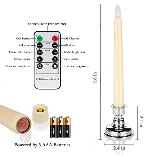 Amagic 9Pcs Christmas Window Candles with Timer, Flameless Taper Candles with Silver Bases, Battery Operated Window Candles, Flickering Flame Warm White, Remote Control, Ivory, Christmas Decorations