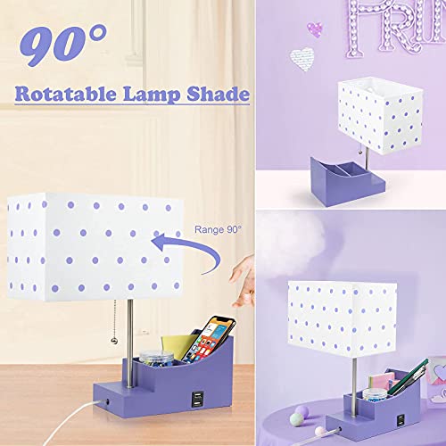 KAYBELE Kids Lamp for Bedrooms, Bedside USB Table Lamps, Purple Nightstand with Storage Base, Small Desk Lamp for Room Decor, Rotatable Lampshade(Without Bulb)