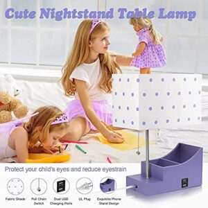 KAYBELE Kids Lamp for Bedrooms, Bedside USB Table Lamps, Purple Nightstand with Storage Base, Small Desk Lamp for Room Decor, Rotatable Lampshade(Without Bulb)