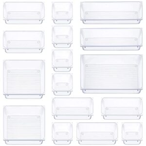 16 pcs drawer organizer set dresser desk drawer dividers - 5 size bathroom vanity cosmetic makeup trays - multipurpose clear plastic storage bins for jewelries, kitchen gadgets and office accessories