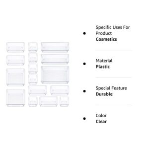 16 Pcs Drawer Organizer Set Dresser Desk Drawer Dividers - 5 Size Bathroom Vanity Cosmetic Makeup Trays - Multipurpose Clear Plastic Storage Bins for Jewelries, Kitchen Gadgets and Office Accessories