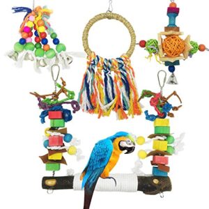 allazone bird parrot toys, 4 pcs hanging bell pet bird cage hammock swing toy wooden chewing toy for conures, love birds, small parakeets cockatiels, macaws