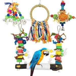 Allazone Bird Parrot Toys, 4 PCS Hanging Bell Pet Bird Cage Hammock Swing Toy Wooden Chewing Toy for Conures, Love Birds, Small Parakeets Cockatiels, Macaws